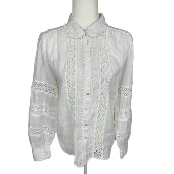 Anthropologie Embroidered Lace Buttondown Blouse Sz Small Cottage Boho Peasant - Picture 1 of 14